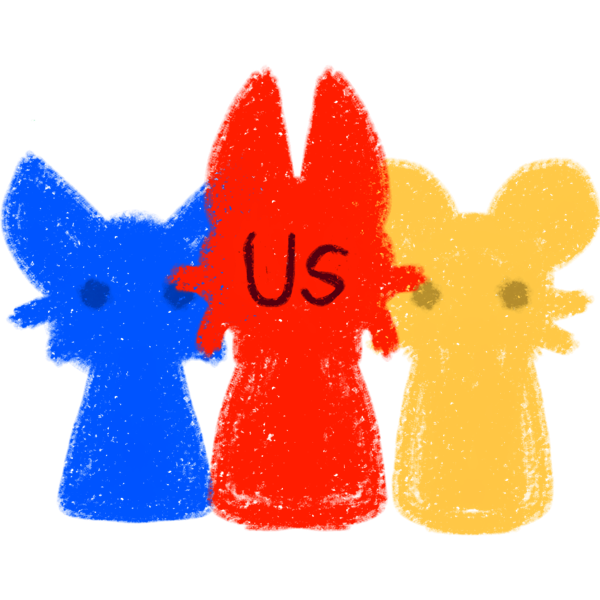 Three figures stand in a row, left to right they are Blue, Red and Yellow, The word "Us" is written on the Red ones face.